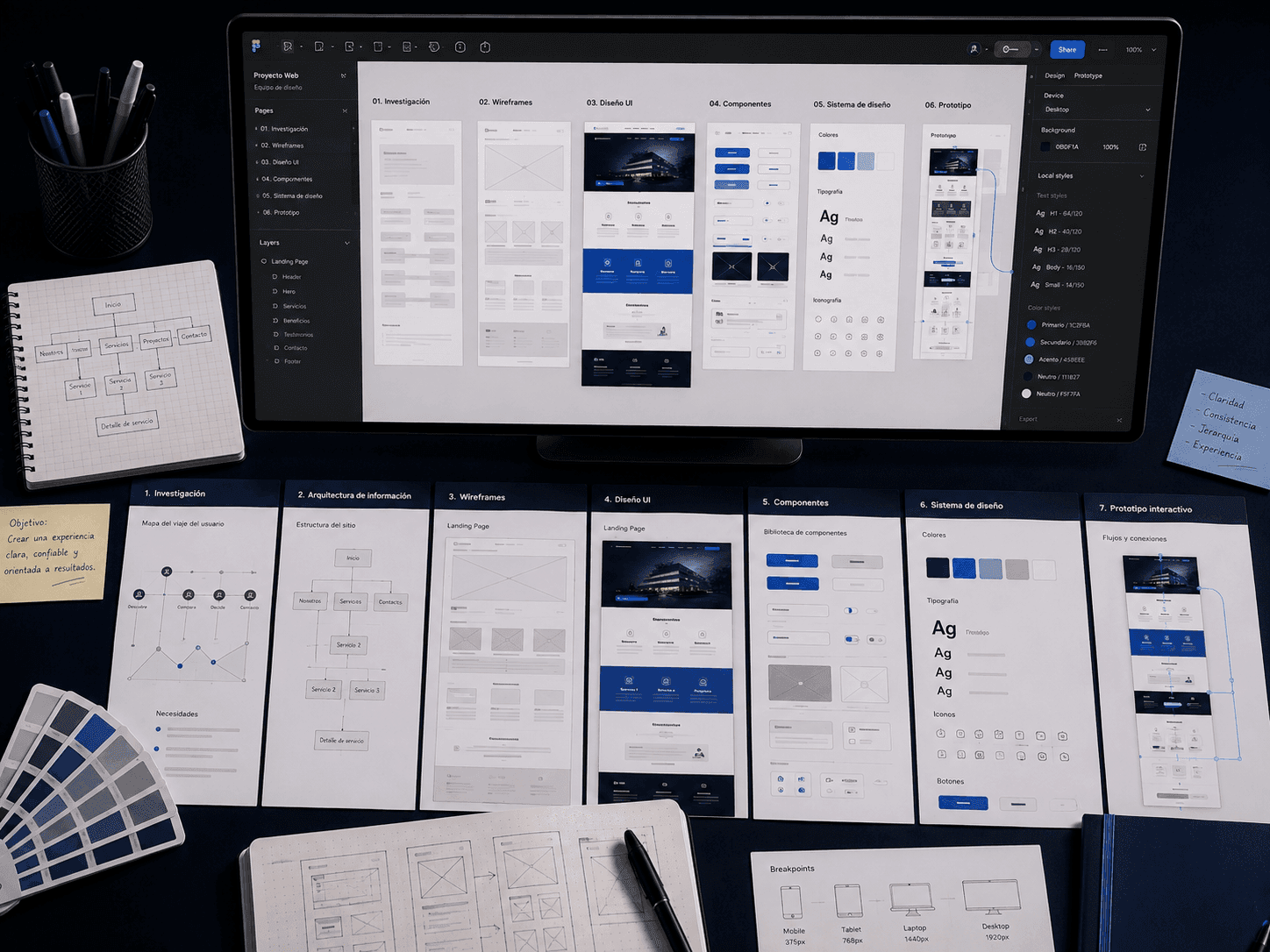 Wireframes y diseño visual de una interfaz digital